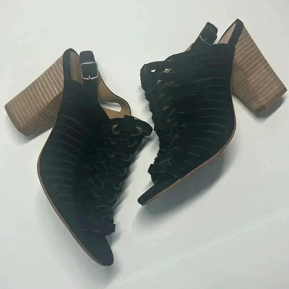 Lucky brand Yvette Woven Suede Chunky Block High Heel Open Toe Sandal - Picture 1 of 8